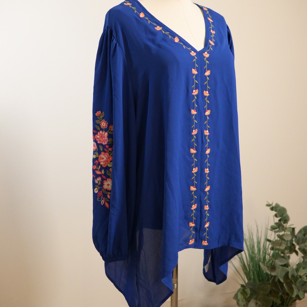The Pioneer Woman Blue Embroidered Floral V-Neck Peasant Blouse XL